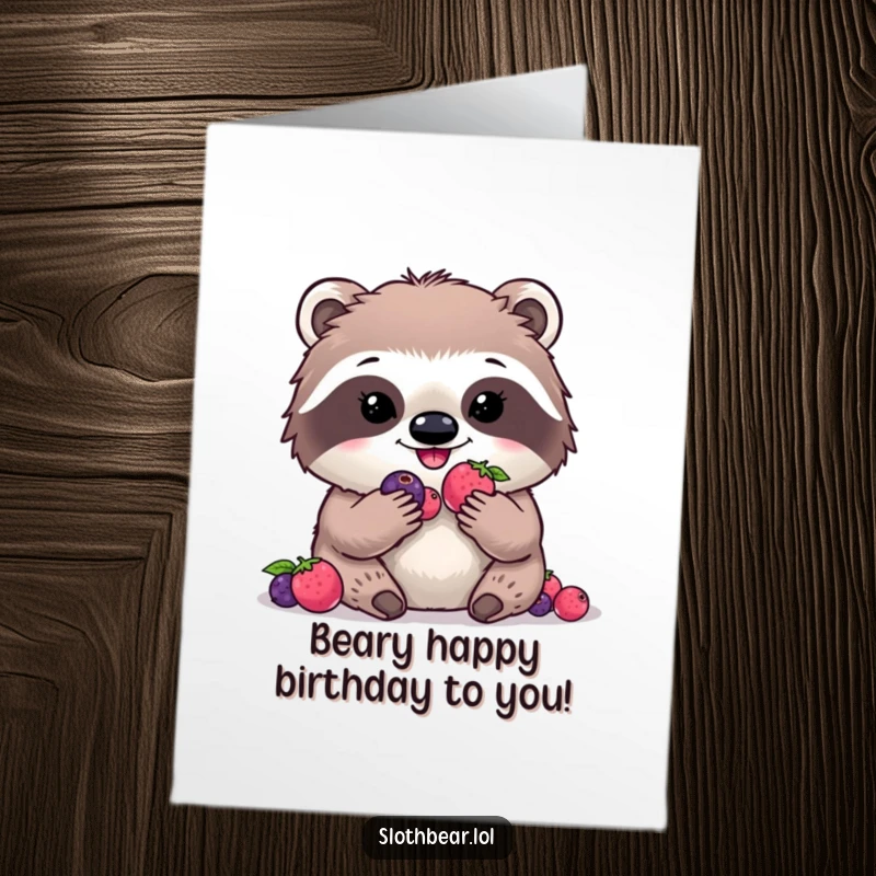 Funny Free Printable Birthday Card: Kawaii Sloth Bear happily devouring digital berries, a sweet and humorous treat for any celebration.