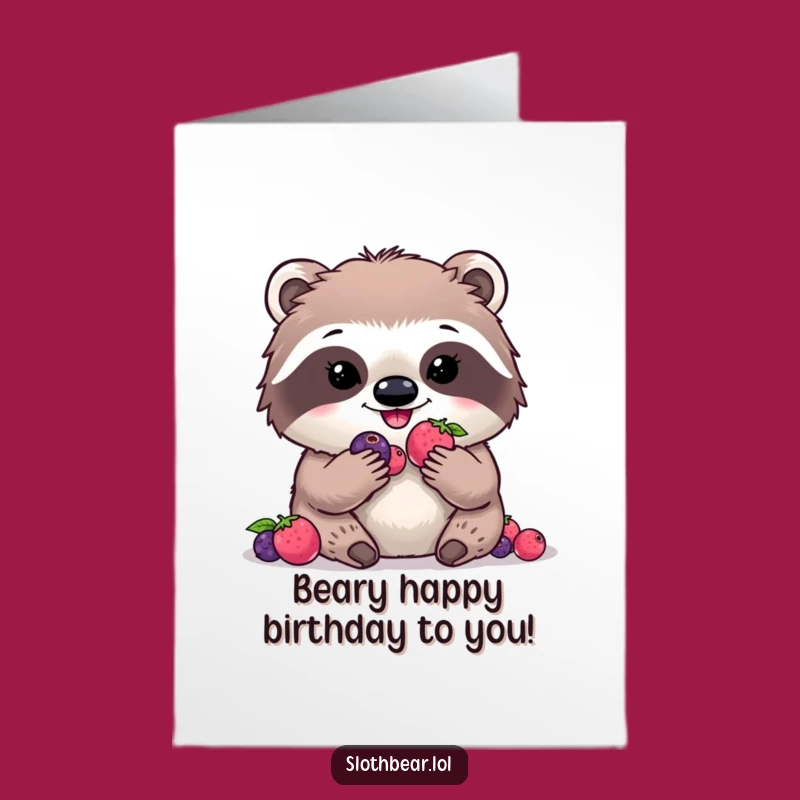 Free Printable Birthday Card: Kawaii Sloth Bear Eating Berries, Funny Downloadable Gift