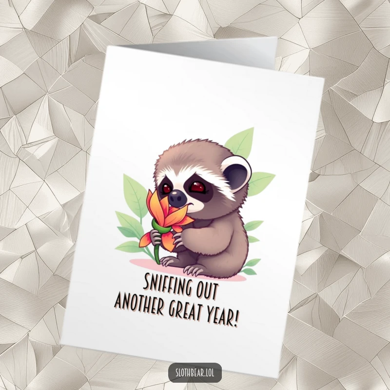 Funny Free Printable Birthday Card: Curious sloth bear cub sniffing a vibrant flower with wide-eyed wonder and delight.