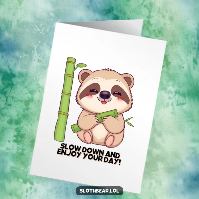 Funny Free Printable Birthday Card: A content sloth bear with a gentle smile munches on a bamboo stalk.