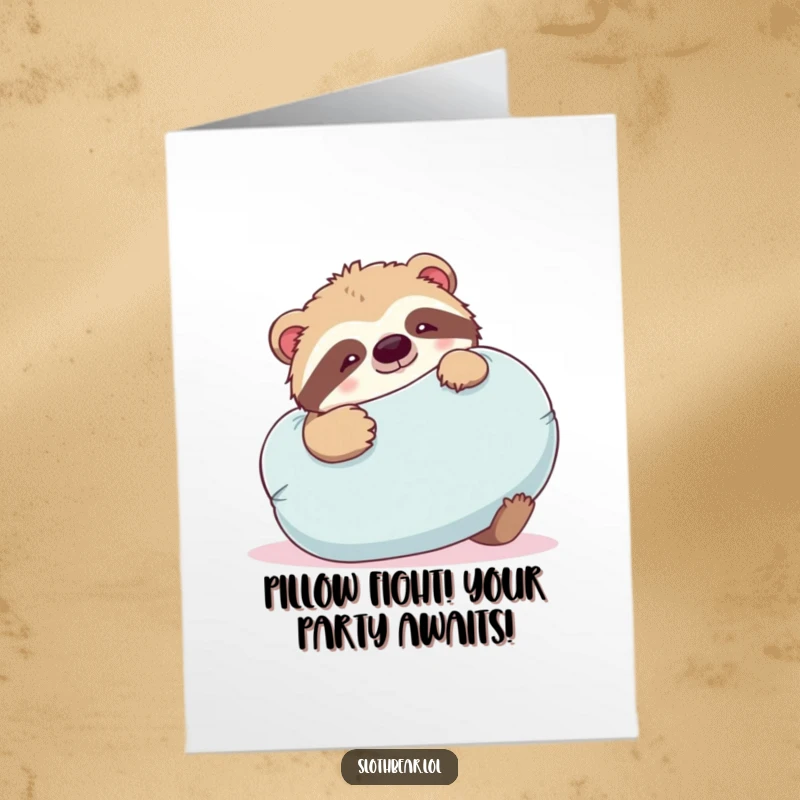 Funny Free Printable Birthday Card: A sloth bear playfully wrestles with a large, fluffy pillow, full of energy.