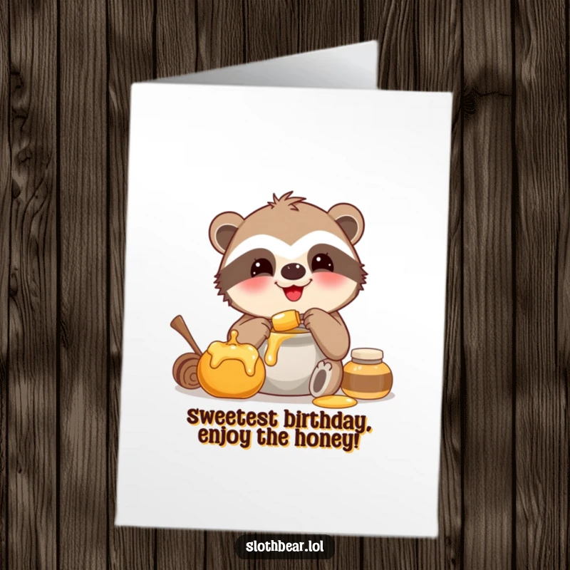 Funny Free Printable Birthday Card: A smiling sloth bear blissfully enjoys a honey pot, perfect for a sweet birthday message.