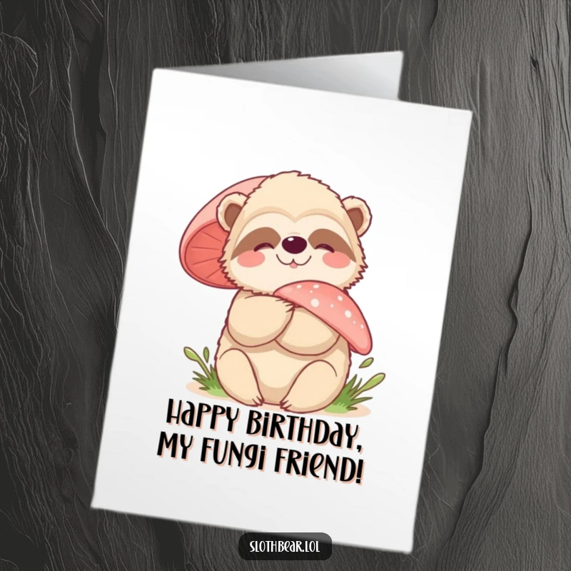 Funny Free Printable Birthday Card: A joyful sloth bear bear hugging a large, fuzzy mushroom, embodying cozy celebration. Download and print it!