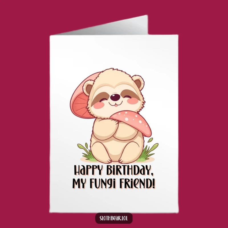 Free Printable Birthday Card: Joyful Sloth Bear Mushroom Hug Downloadable Gift