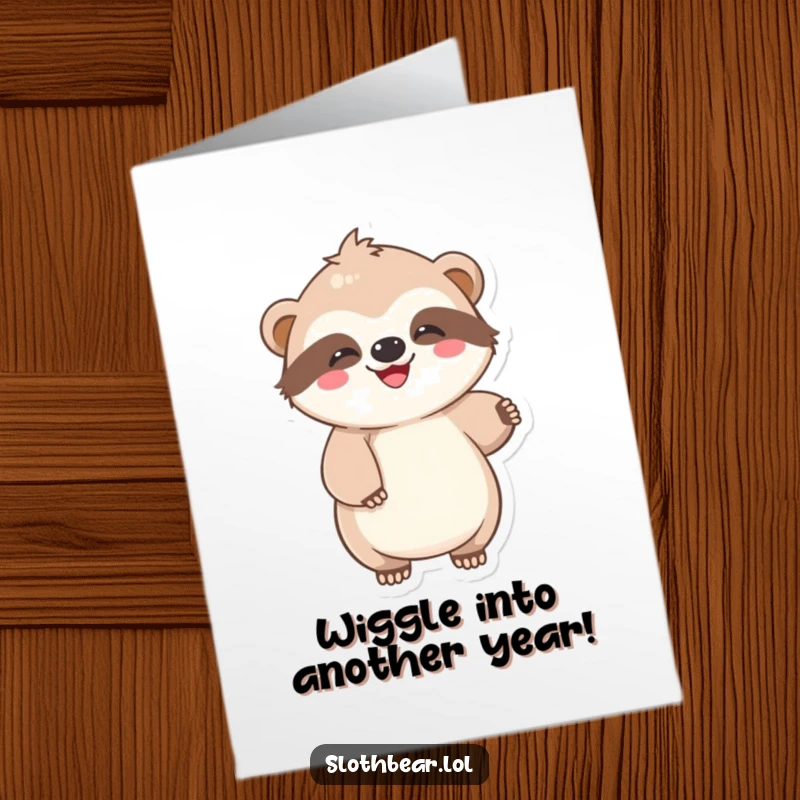 Funny Free Printable Birthday Card: Kawaii sloth bear character doing a lazy, joyful wiggle, spreading happiness and chill vibes.