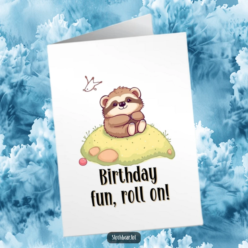 Funny Free Printable Birthday Card: Kawaii sloth bear playfully rolling down a mossy hill, captured in a moment of birthday glee.
