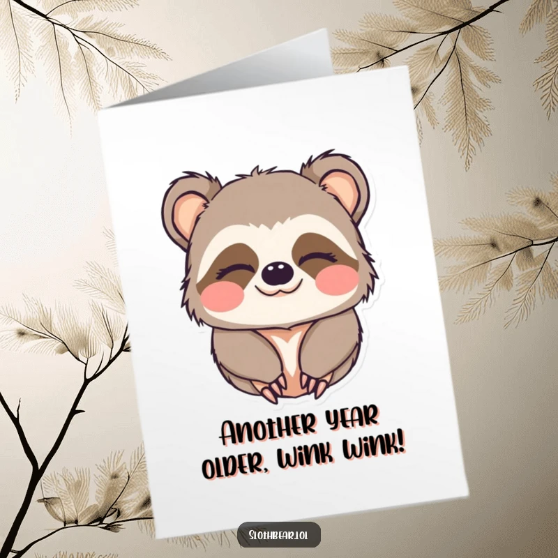 Funny Free Printable Birthday Card: Kawaii sloth bear with eyes closed, giving a charming wink and a soft smile, conveying sleepy affection.