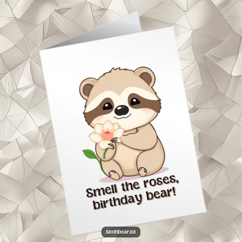 Free Printable Birthday Card: Sloth bear tenderly touches a delicate flower petal with its soft paw, showing gentleness.