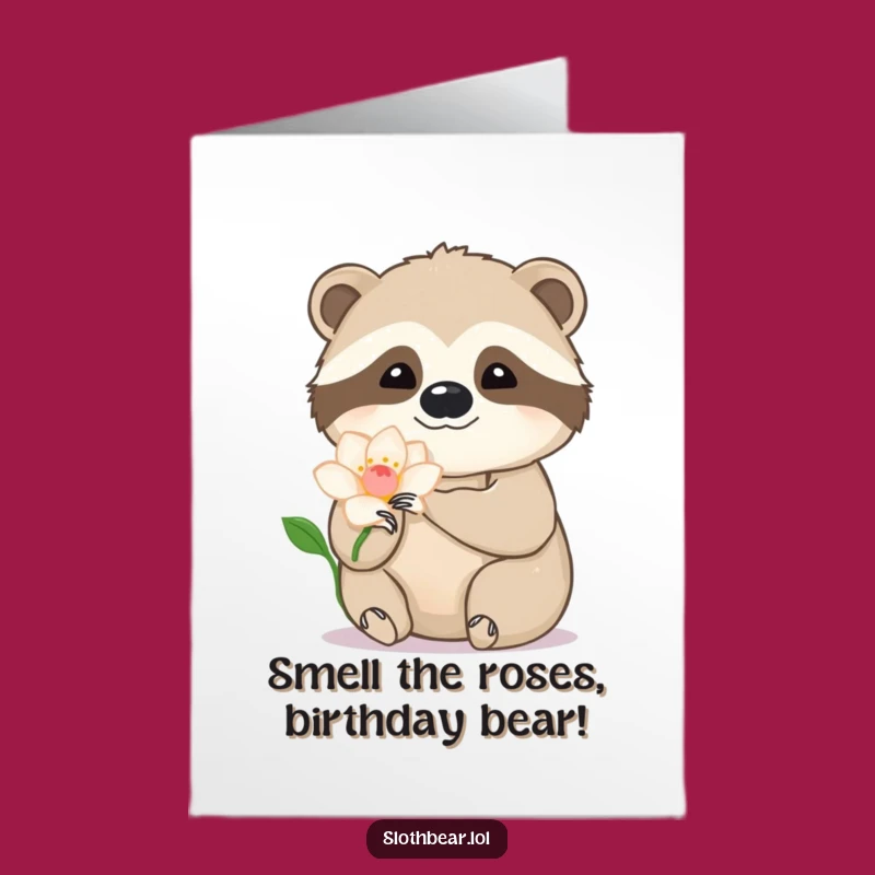Free Printable Birthday Card: Sloth Bear & Flower, a Gentle Birthday Wish