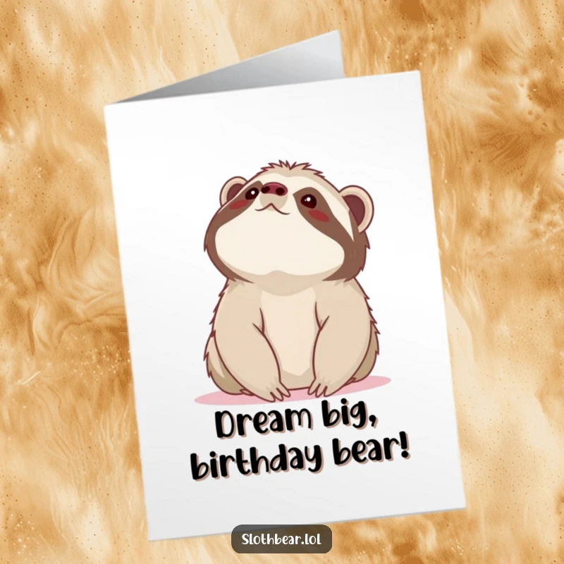 Free Printable Birthday Card: Sloth bear looks up at the sky with wide eyes, full of innocent wonder and curiosity.