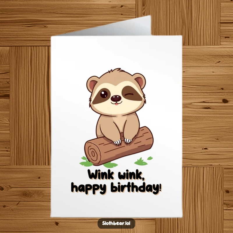 Funny Free Printable Birthday Card: A sloth bear winks mischievously while casually sitting on a log, sharing a birthday secret.