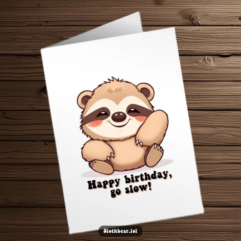 Funny free printable birthday card; a sloth bear stretches lazily with a contented grin, wishing a relaxed happy birthday.