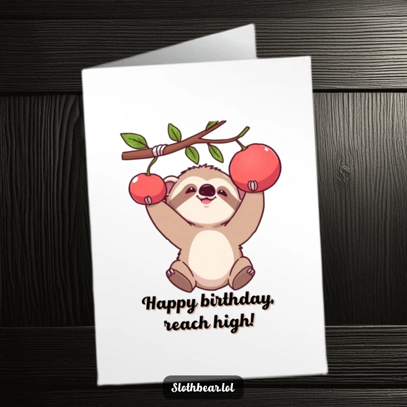 Funny Free Printable Birthday Card showing a baby sloth bear comically stretching to grab a tempting piece of hanging fruit.