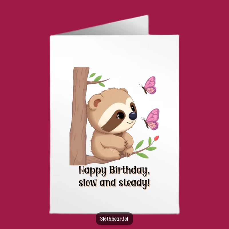 Free Printable Birthday Card: Curious Sloth Bear & Butterfly - Funny Downloadable Gift