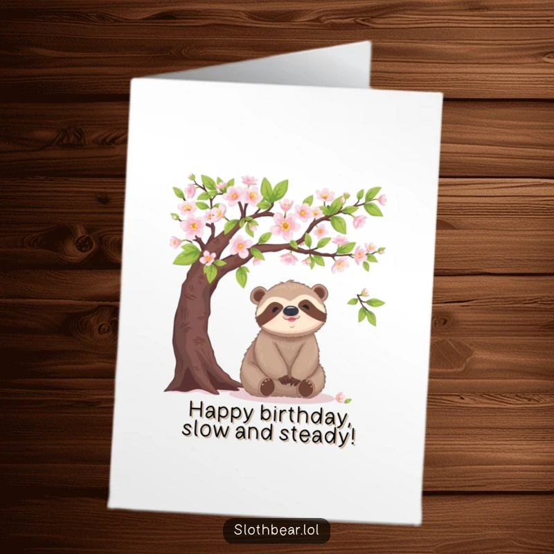 Free Printable Birthday Card: A happy sloth bear sits peacefully beneath a beautiful blooming tree branch.