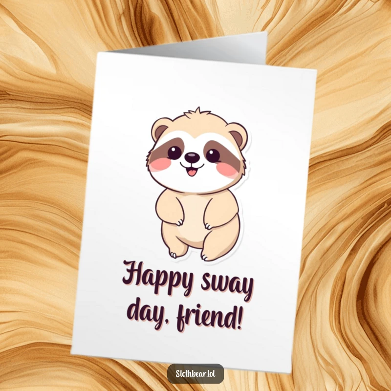 Funny free printable birthday card featuring a kawaii sloth bear doing a gentle, happy sway, radiating pure contentment.