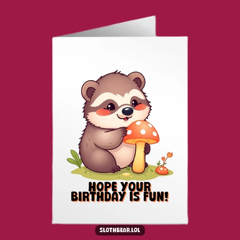 Free Printable Birthday Card: Kawaii Sloth Bear Mushroom Fun - Funny Downloadable Gift