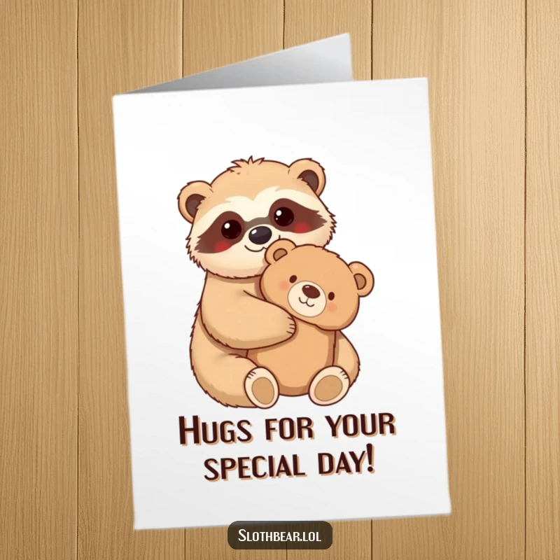 Funny Free Printable Birthday Card: Kawaii sloth bear character giving a warm hug to a fuzzy teddy bear, full of comfort.