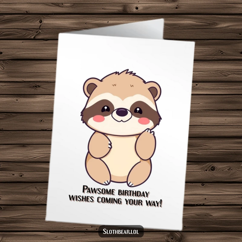 Funny Free Printable Birthday Card: Kawaii sloth bear extending a gentle paw tap, offering a sweet and humorous birthday greeting.