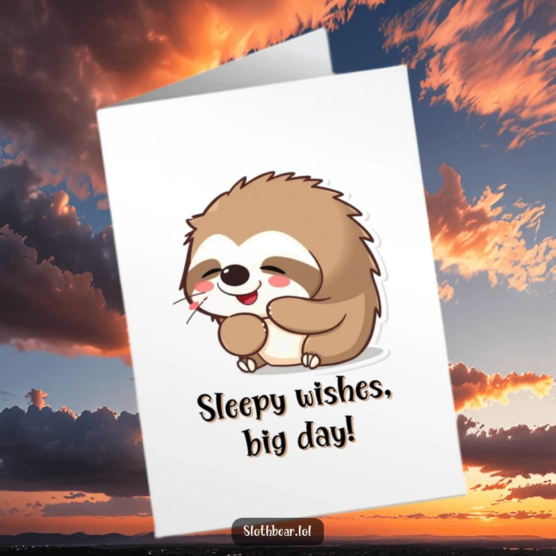 Funny Free Printable Birthday Card featuring a cute kawaii sloth bear character with a contented smile, yawning widely and looking sleepy.