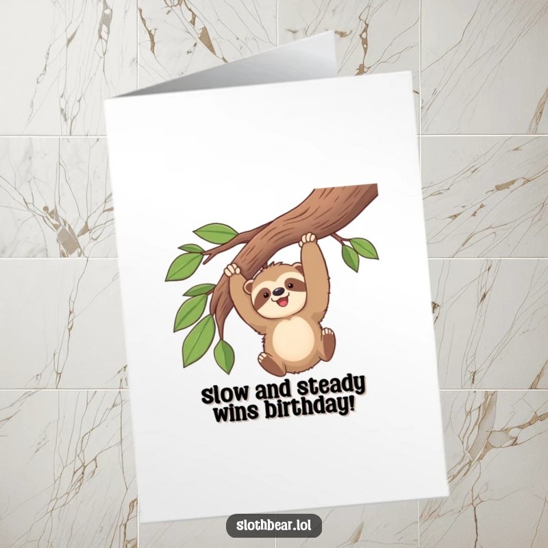 Funny Free Printable Birthday Card: Kawaii sloth bear joyfully swinging on a branch, spreading birthday cheer, perfect downloadable gift.