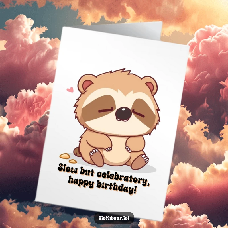 Funny Free Printable Birthday Card: A dazed sloth bear looks confused after a gentle tumble, perfect for a humorous greeting.