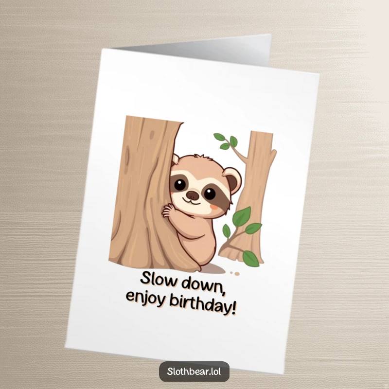 Funny free printable birthday card; a cute sloth bear with fuzzy ears peeks playfully around a tree trunk, ready to surprise.