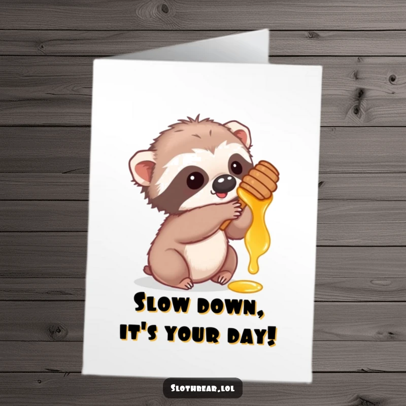Funny Free Printable Birthday Card: a cute sloth bear cub reaches playfully for dripping honey from a comb.