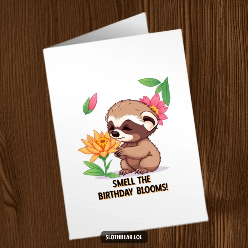 Funny Free Printable Birthday Card: Curious sloth bear cub sniffs a vibrant exotic flower with wide-eyed wonder, celebrating a birthday.