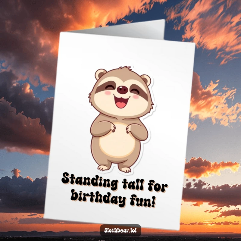 Funny Free Printable Birthday Card: Delighted sloth bear stands on hind legs, looking pleased and ready to celebrate.