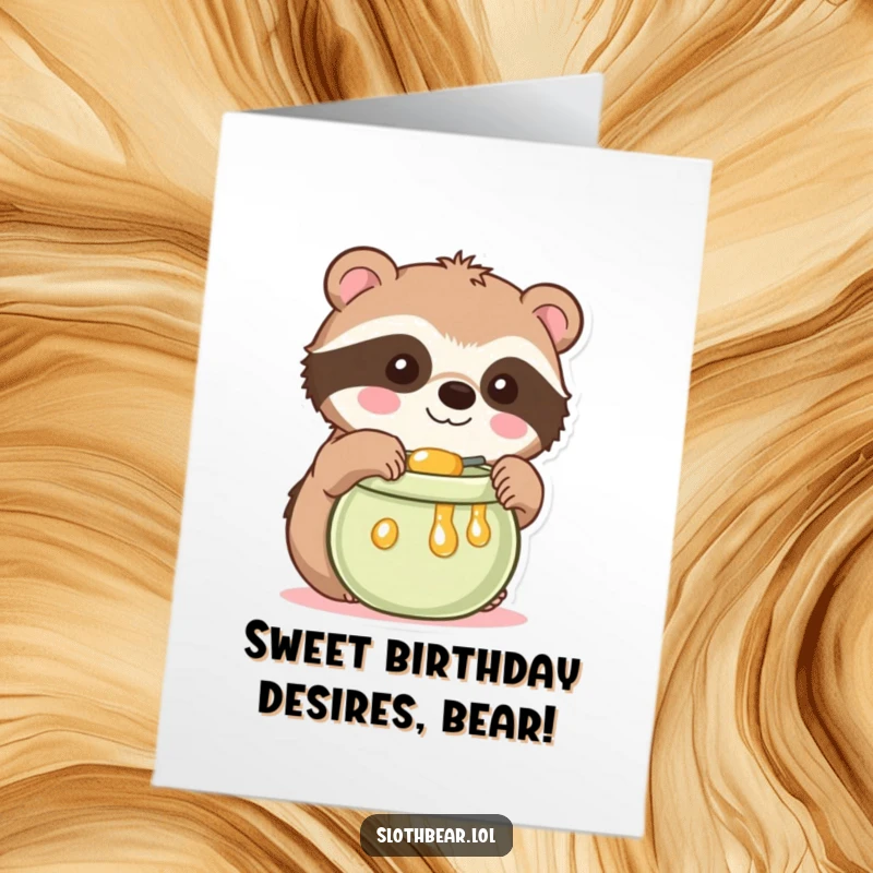 Funny free printable birthday card featuring a kawaii sloth bear character with big eyes playfully reaching for a dripping honey pot.