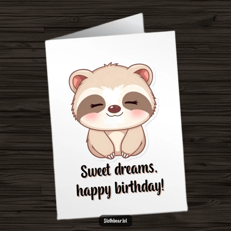 Funny Free Printable Birthday Card: A small, adorable sloth bear with a gentle, contented smile, looking sleepy and sweet.