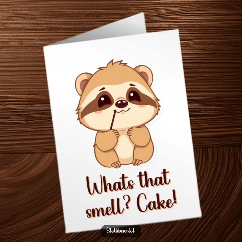 Funny Free Printable Birthday Card: A curious sloth bear character sniffs the air with an inquisitive expression, ready to discover birthday treats.
