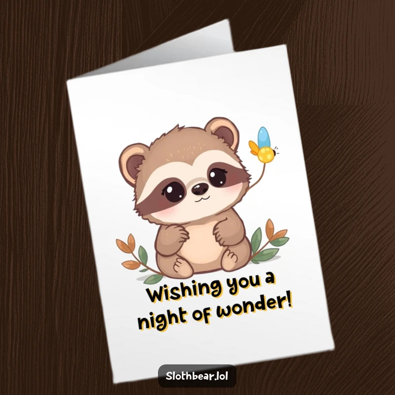 Funny Free Printable Birthday Card: A sloth bear with curious eyes watches a firefly light up the night.