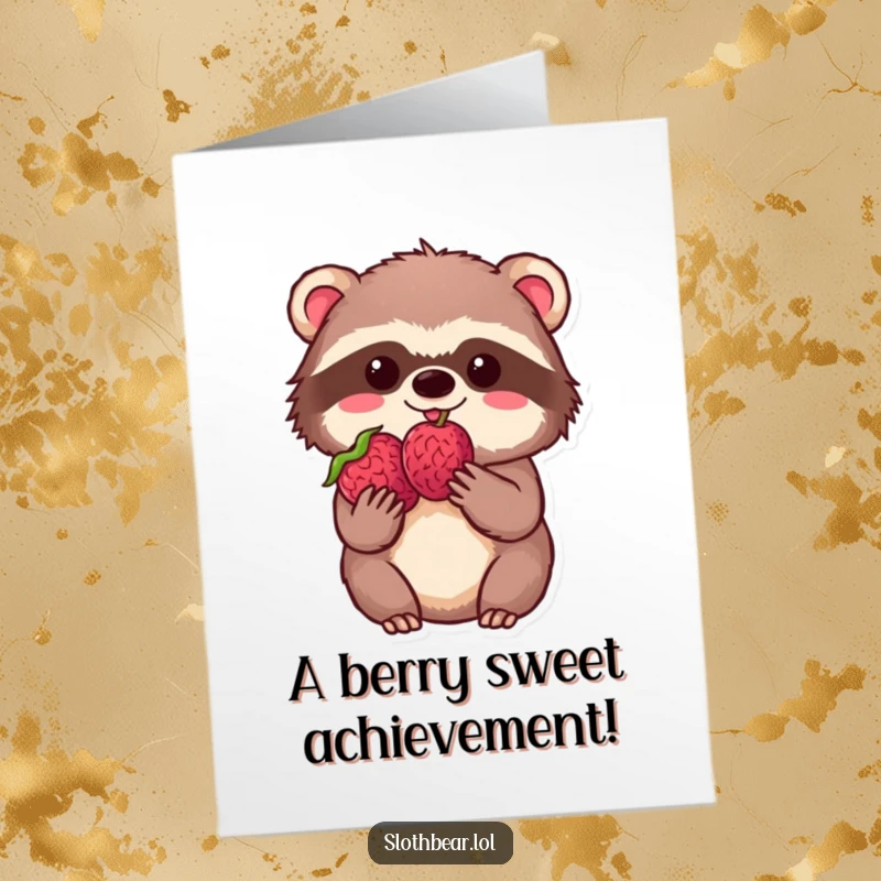 Funny Free Printable Congrats Card: Kawaii sloth bear savoring a single berry, symbolizing a sweet victory, great downloadable gift.