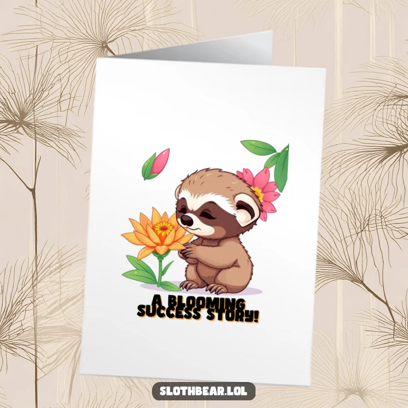 Funny Free Printable Congrats Card: A curious sloth bear cub sniffs an exotic flower with wonder, celebrating a special achievement.
