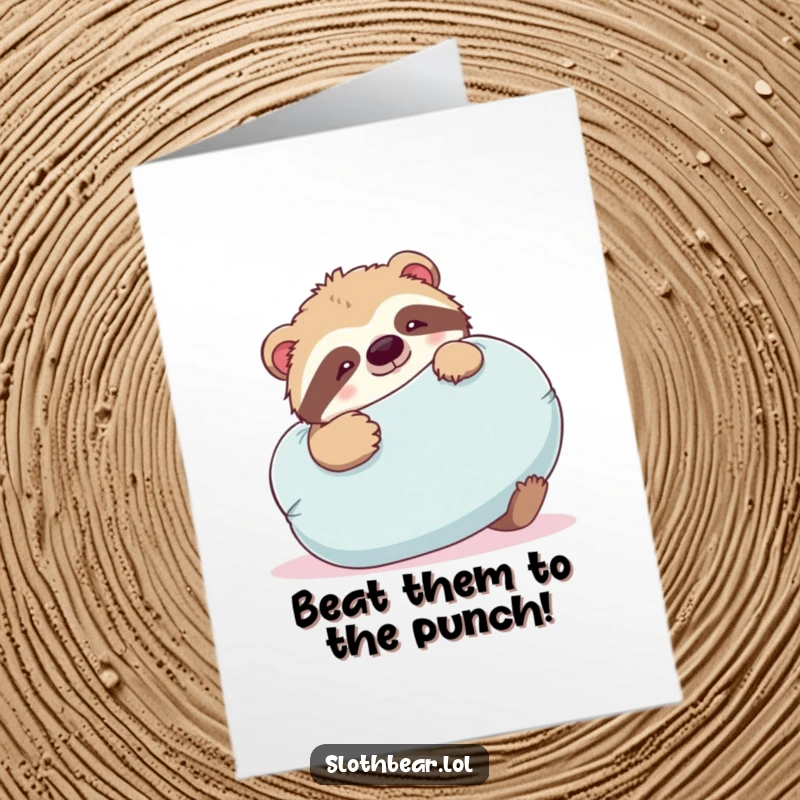 Funny Free Printable Congratulations Card: A sloth bear happily wrestles with a big, soft pillow, celebrating.
