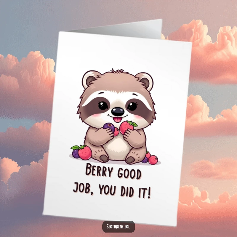Funny Free Printable Congratulations Card: Kawaii sloth bear joyfully eating digital berries, celebrating success with a cute and humorous touch.