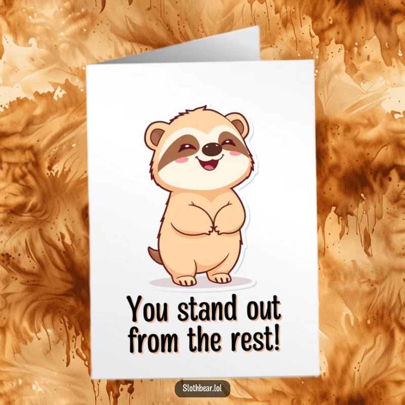 Funny Free Printable Congrats Card: Delighted sloth bear standing upright on hind legs, looking incredibly pleased and happy.