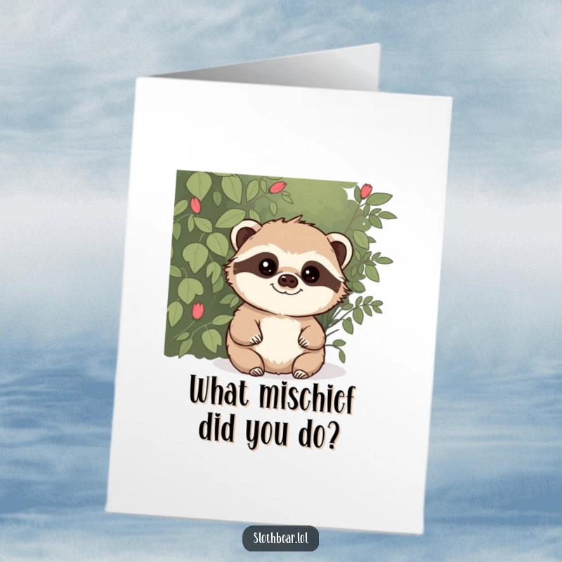 Funny Free Printable Congratulations card: Sly sloth bear peeking from a bush, a mischievous nod to a clever success.