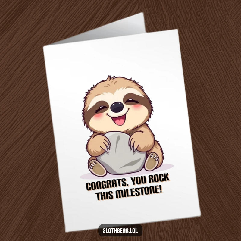 Funny Free Printable Congratulations Card featuring a sloth bear laughing gleefully while occupied with a simple stone, embodying carefree celebration.