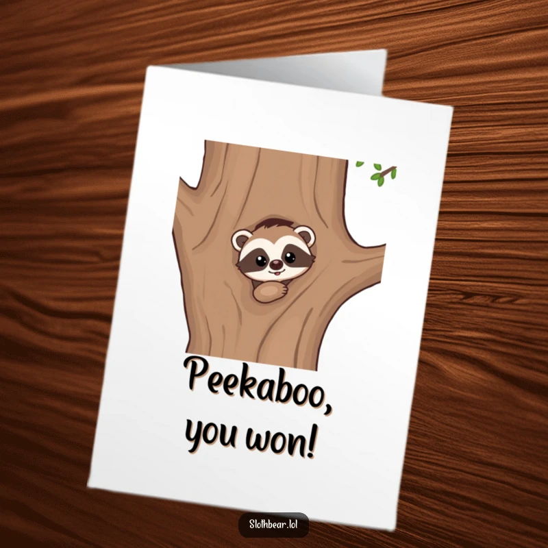 Cute Free Printable Congratulations Card showing a kawaii sloth bear curiously peeking out from behind a big tree.