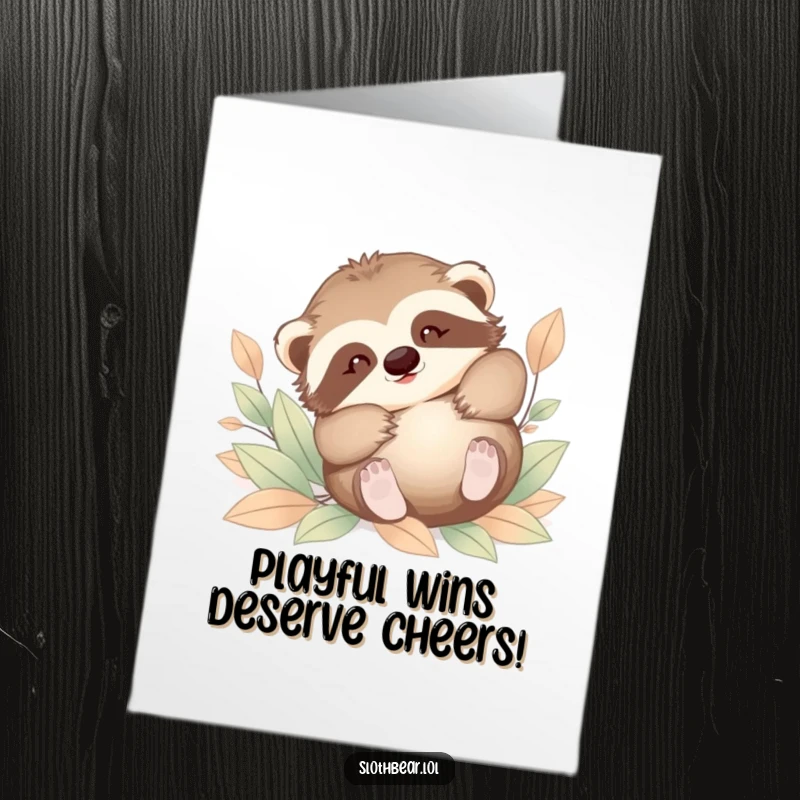 Funny Free Printable Baby Sloth Bear Congratulations Card, a cub playfully tumbling amongst leaves, cute downloadable art.