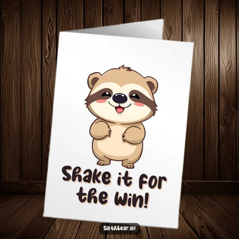 Funny Free Printable Congratulations card: Sloth bear doing a silly wiggle, celebrating success with energetic, joyful movement.