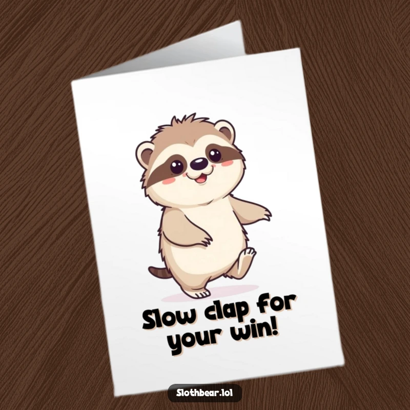Funny Free Printable Congratulations Card: A happy sloth bear does a slow, joyful shuffle, celebrating accomplishments at a relaxed pace.