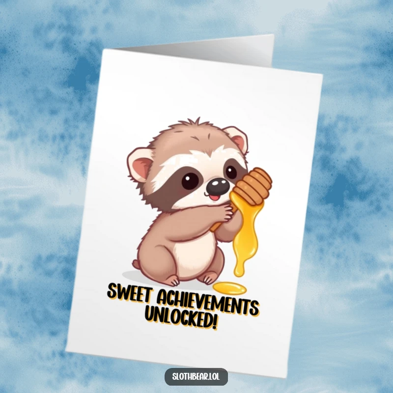 Funny Free Printable Congratulations Card: a cute sloth bear cub happily reaches for honey, celebrating success.