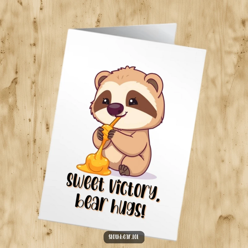 Funny Free Printable Sloth Bear Congratulations Card, a bear daintily enjoying honey, ideal for any happy occasion.