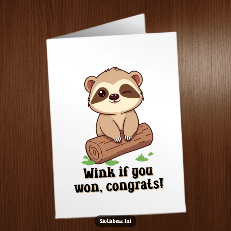 Funny Free Printable Congratulations Card: A sloth bear winks from its log perch, sharing a knowing and congratulatory secret.