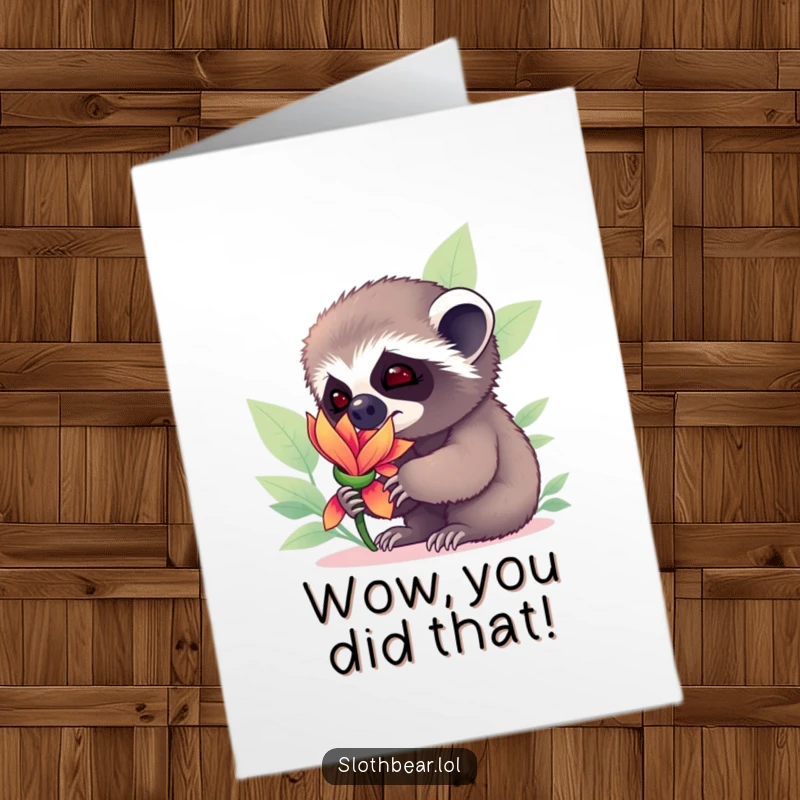 Funny Free Printable Congrats Card: Curious sloth bear cub sniffing a colorful exotic flower with an expression of pure amazement.