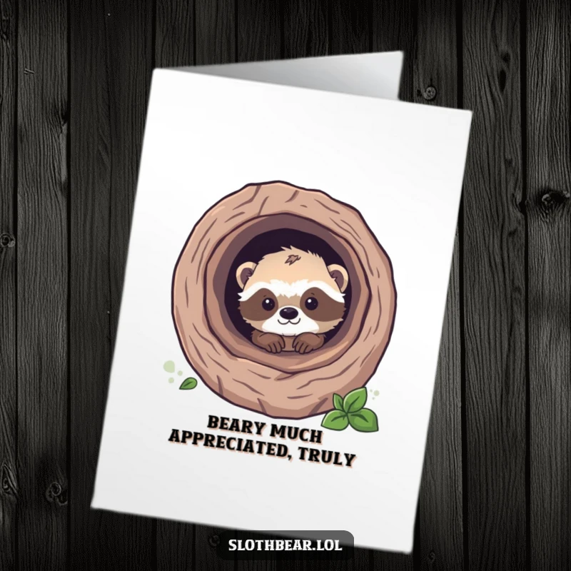 Funny Free Printable Thank You Card with a sweet sloth bear cub popping its head out of a tree log.